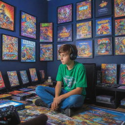 A brightly colored cartoon image of a young gamer boy engrossed in his games, sitting in a room filled with gaming posters, LED lights, and a high-end gaming setup.