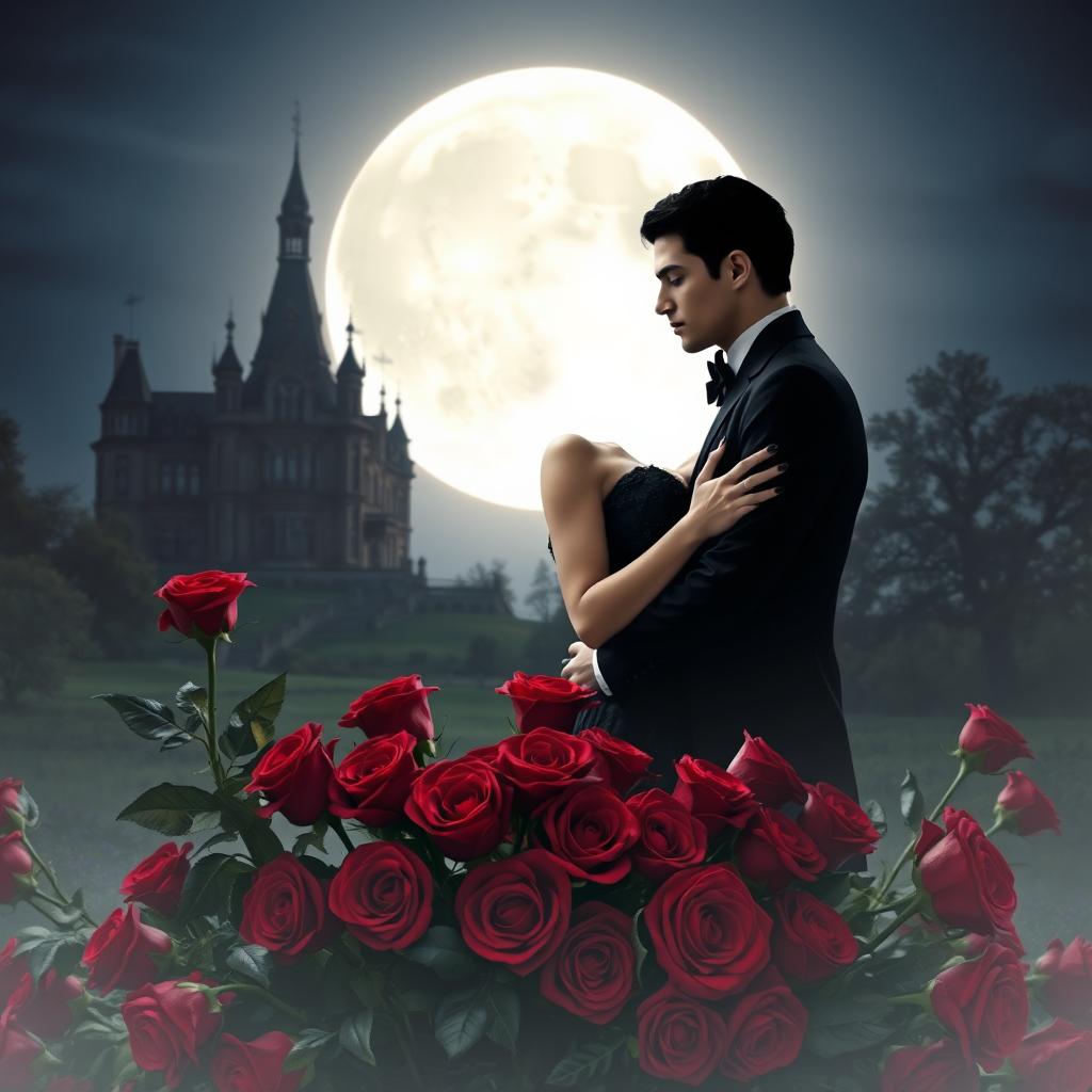 A romantic scene featuring a vampire couple embracing tenderly, surrounded by a lush arrangement of red roses