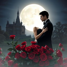 A romantic scene featuring a vampire couple embracing tenderly, surrounded by a lush arrangement of red roses