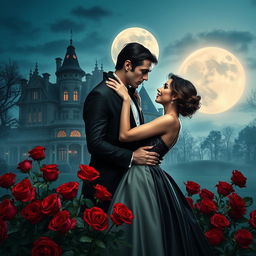 A romantic scene featuring a vampire couple embracing tenderly, surrounded by a lush arrangement of red roses