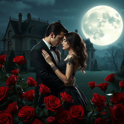 A romantic scene featuring a vampire couple embracing tenderly, surrounded by a lush arrangement of red roses