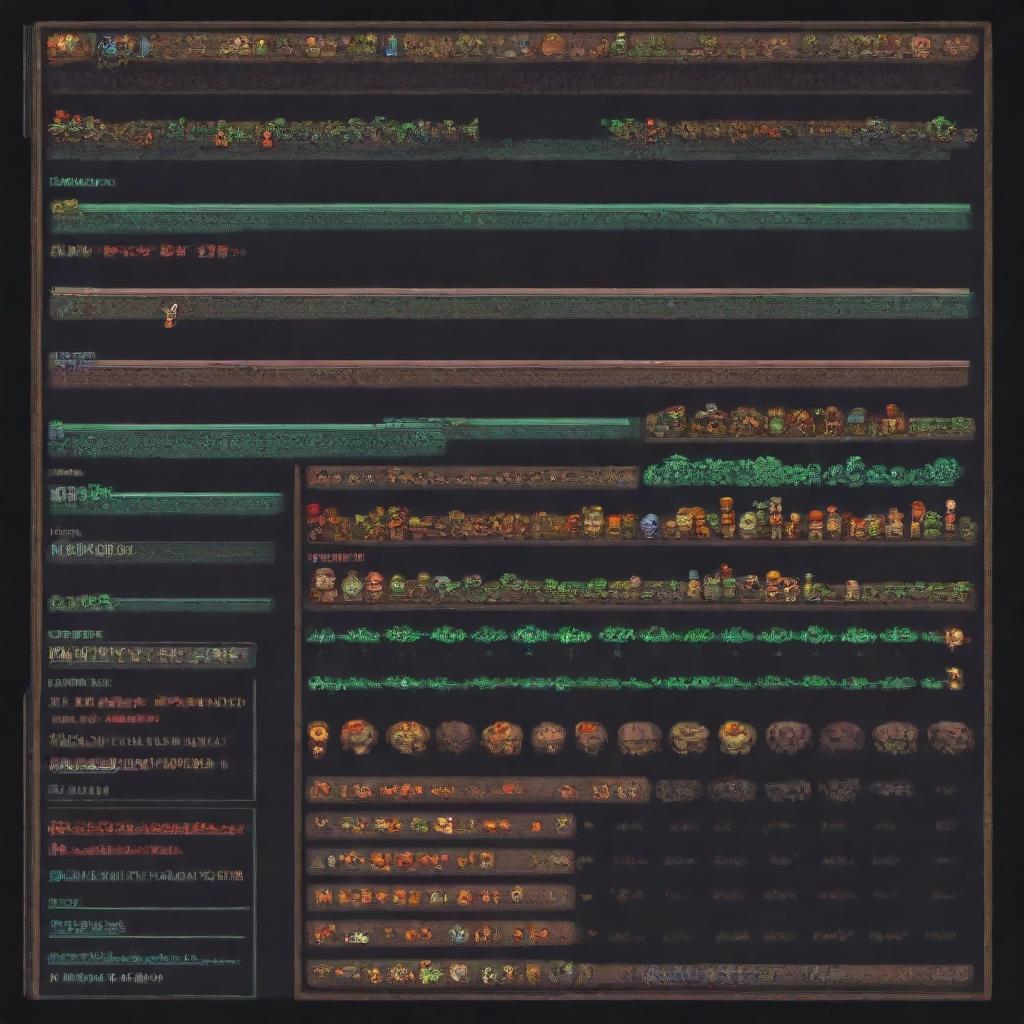 A user interface for a pixel art video game, showing health points (HP). Design should include detailed pixelated health bars, inventory slots, and character stats.