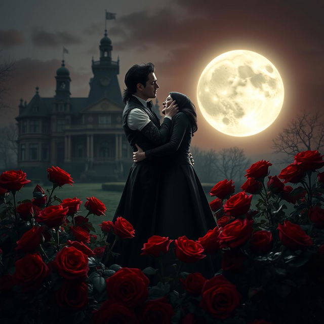 A romantic scene featuring a vampire couple embracing tenderly, surrounded by a lush arrangement of red roses