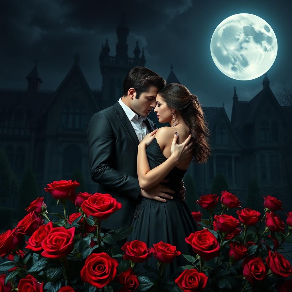 A romantic scene featuring a vampire couple embraced tightly under the luminous glow of a full moon, surrounded by an abundance of red roses