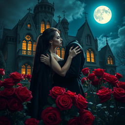 A romantic scene featuring a vampire couple embraced tightly under the luminous glow of a full moon, surrounded by an abundance of red roses