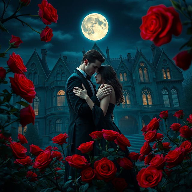 A romantic scene featuring a vampire couple embraced tightly under the luminous glow of a full moon, surrounded by an abundance of red roses