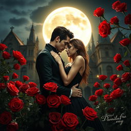 A romantic scene featuring a vampire couple embraced tightly under the luminous glow of a full moon, surrounded by an abundance of red roses