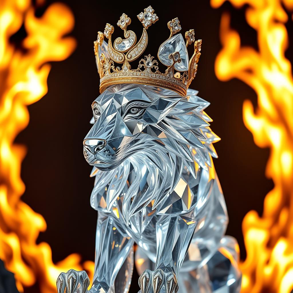 A realistic majestic crystal wolf, intricately designed and meticulously detailed, adorned with a magnificent golden crown encrusted with sparkling diamonds