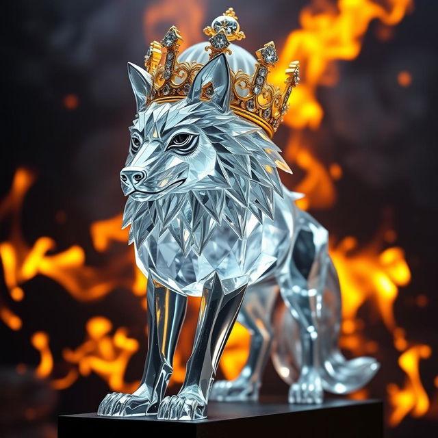 A realistic majestic crystal wolf, intricately designed and meticulously detailed, adorned with a magnificent golden crown encrusted with sparkling diamonds