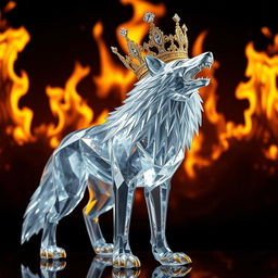 A realistic majestic crystal wolf, intricately designed and meticulously detailed, adorned with a magnificent golden crown encrusted with sparkling diamonds