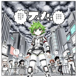 A dynamic first page of a manga, showcasing an action-packed scene