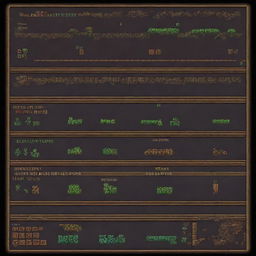 A user interface for a pixel art video game, showing health points (HP). Design should include detailed pixelated health bars, inventory slots, and character stats.