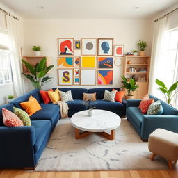 A chic and contemporary living room transformation featuring a vibrant yet cozy atmosphere