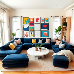 A chic and contemporary living room transformation featuring a vibrant yet cozy atmosphere