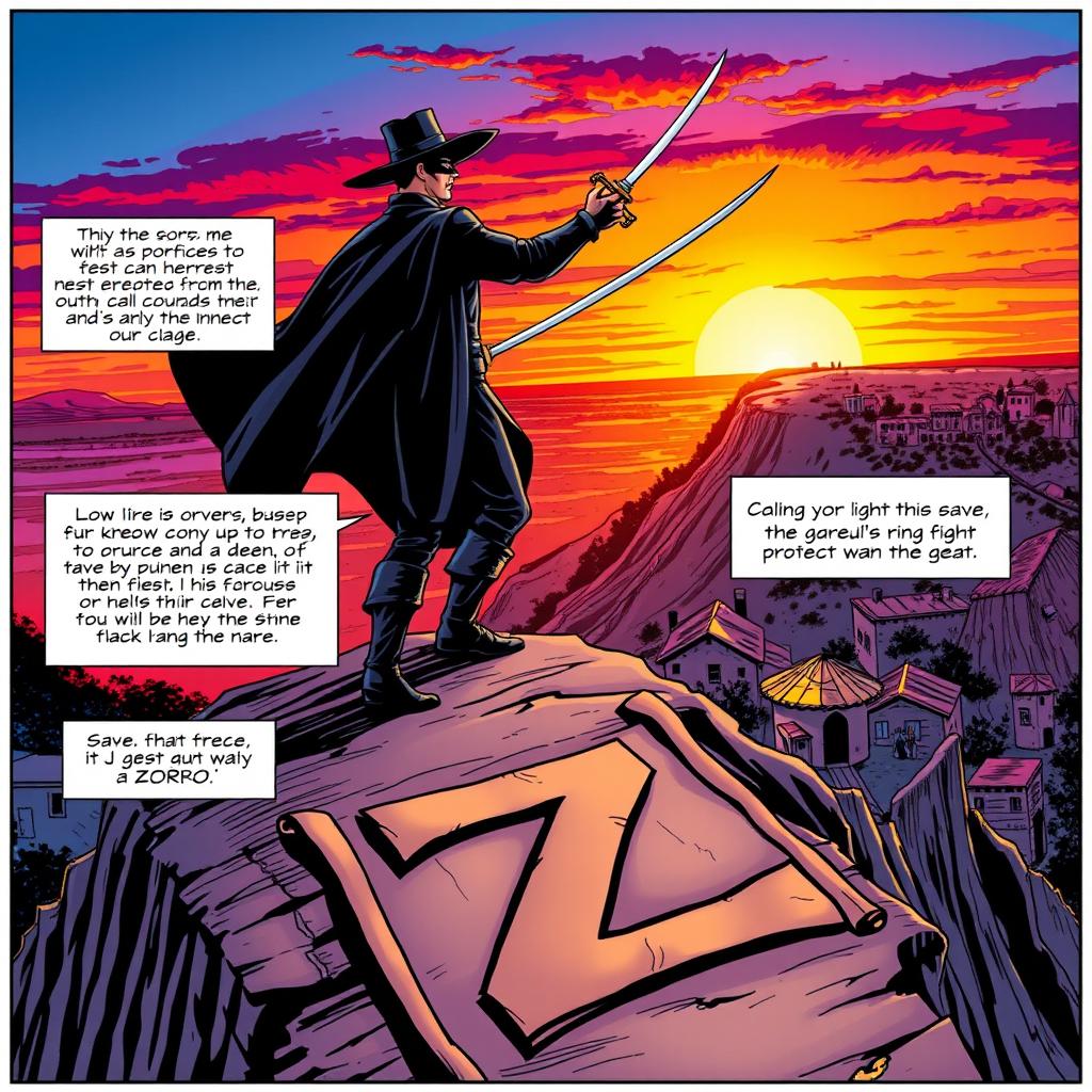 A dynamic comic book panel of Zorro, the legendary masked hero, in a dramatic pose, standing atop a cliff overlooking a vibrant Californian landscape with a sunset in the background