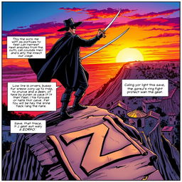 A dynamic comic book panel of Zorro, the legendary masked hero, in a dramatic pose, standing atop a cliff overlooking a vibrant Californian landscape with a sunset in the background