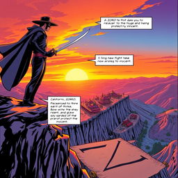 A dynamic comic book panel of Zorro, the legendary masked hero, in a dramatic pose, standing atop a cliff overlooking a vibrant Californian landscape with a sunset in the background