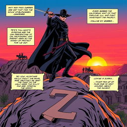 A dynamic comic book panel of Zorro, the legendary masked hero, in a dramatic pose, standing atop a cliff overlooking a vibrant Californian landscape with a sunset in the background