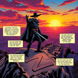 A dynamic comic book panel of Zorro, the legendary masked hero, in a dramatic pose, standing atop a cliff overlooking a vibrant Californian landscape with a sunset in the background