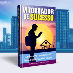 A striking book cover for the title 'Vistoriador de Sucesso', featuring a modern urban backdrop with a silhouette of a person holding a clipboard, inspecting a beautiful property