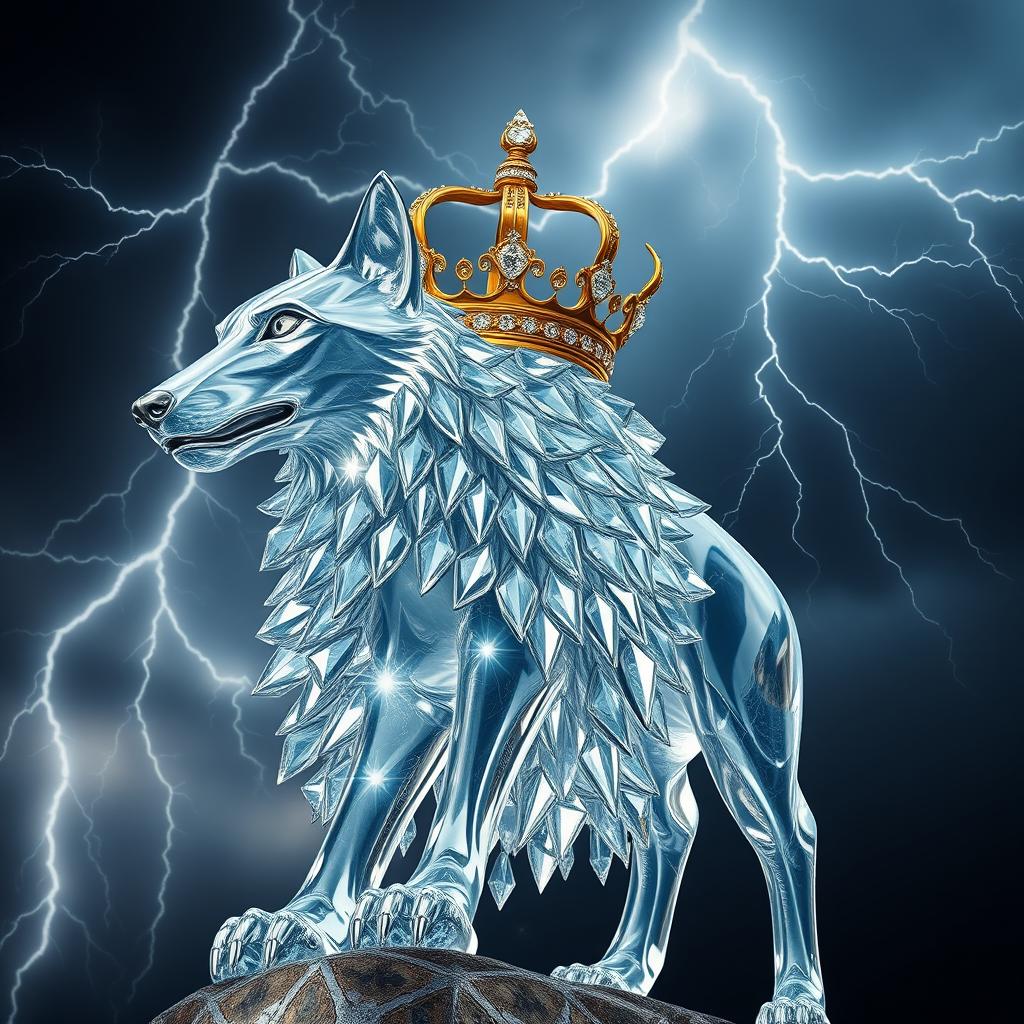 A realistic crystal wolf adorned with a golden crown set with diamonds, standing majestically against a backdrop of dramatic lightning strikes illuminating the sky