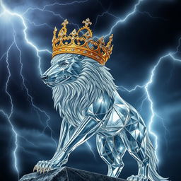 A realistic crystal wolf adorned with a golden crown set with diamonds, standing majestically against a backdrop of dramatic lightning strikes illuminating the sky