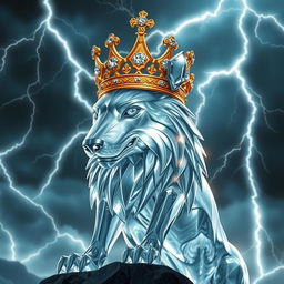 A realistic crystal wolf adorned with a golden crown set with diamonds, standing majestically against a backdrop of dramatic lightning strikes illuminating the sky