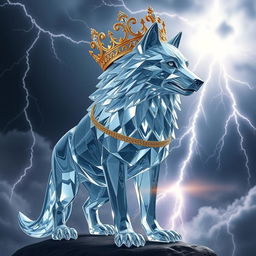 A realistic crystal wolf adorned with a golden crown set with diamonds, standing majestically against a backdrop of dramatic lightning strikes illuminating the sky