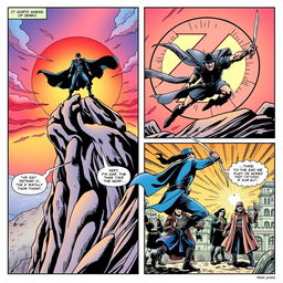 A comic book page divided into four distinct panels showcasing an action-packed scene of Zorro, the legendary masked hero