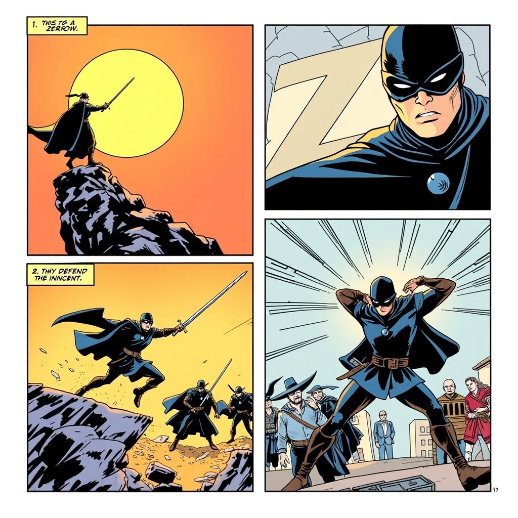 A comic book page divided into four distinct panels showcasing an action-packed scene of Zorro, the legendary masked hero