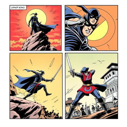 A comic book page divided into four distinct panels showcasing an action-packed scene of Zorro, the legendary masked hero