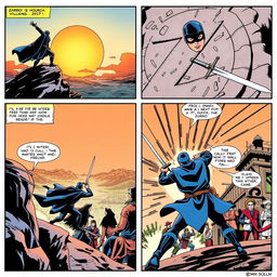 A comic book page divided into four distinct panels showcasing an action-packed scene of Zorro, the legendary masked hero