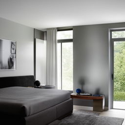 A modern, masculine bedroom that also includes a functional work office. The room balances comfort and productivity, with a king-size bed, slick office desk, ergonomic chair, and contemporary art on cool-toned walls.