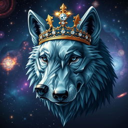 A realistic crystal wolf's face, beautifully detailed and showcasing the intricate facets of the crystal material, adorned with a stunning golden crown set with sparkling diamonds