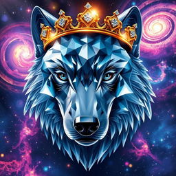 A realistic crystal wolf's face, beautifully detailed and showcasing the intricate facets of the crystal material, adorned with a stunning golden crown set with sparkling diamonds