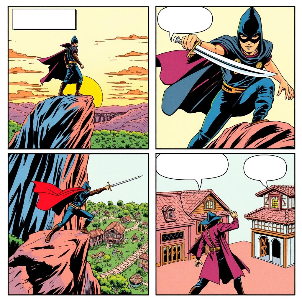 A comic book page divided into four panels, illustrating the iconic character Zorro in action without any text