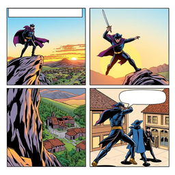 A comic book page divided into four panels, illustrating the iconic character Zorro in action without any text