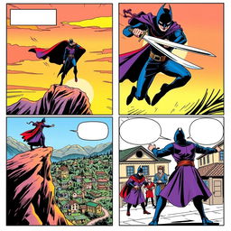 A comic book page divided into four panels, illustrating the iconic character Zorro in action without any text