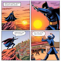 A comic book page divided into four panels, illustrating the iconic character Zorro in action without any text