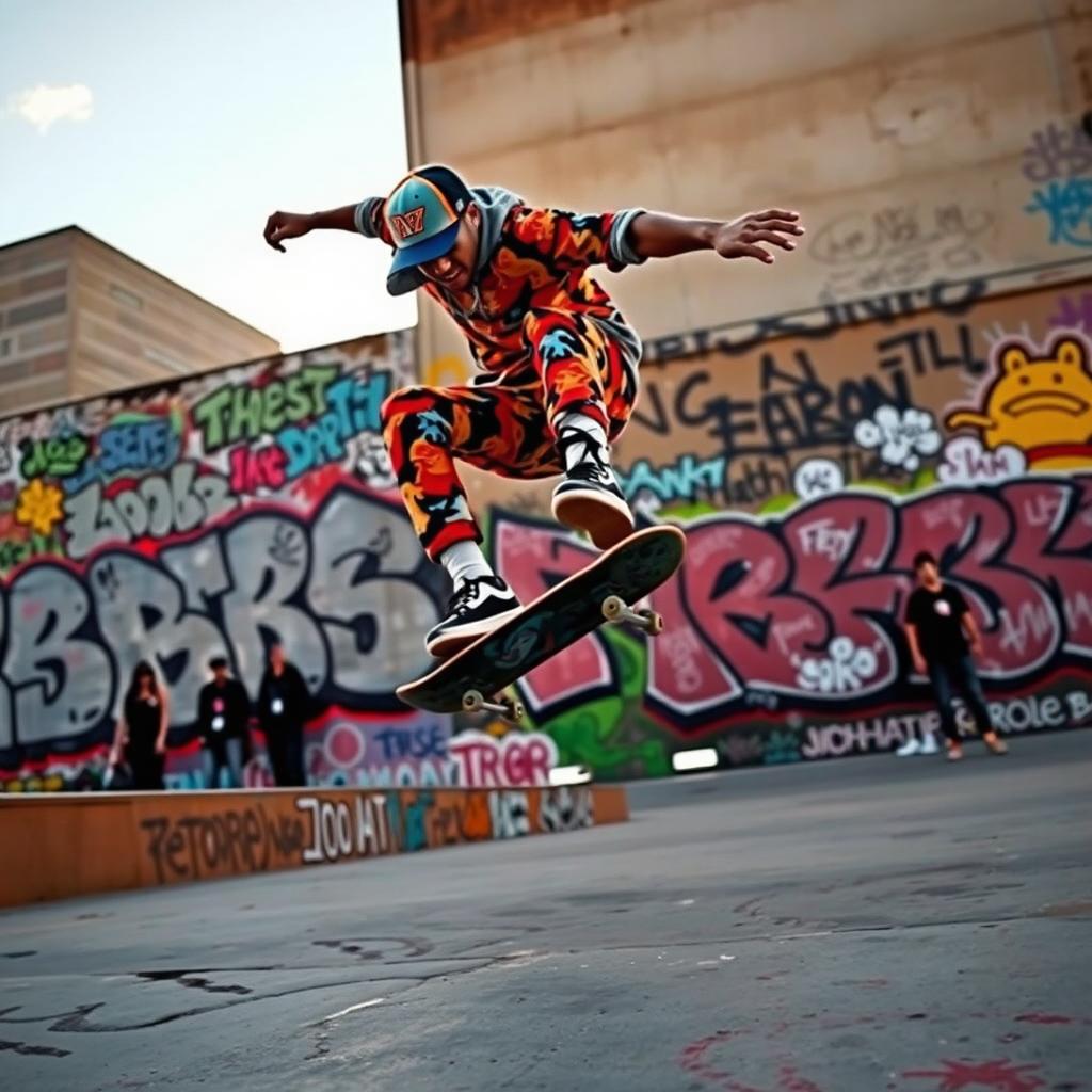 A dynamic urban scene featuring a skilled skater performing tricks on a skateboard in front of a large graffiti-covered wall