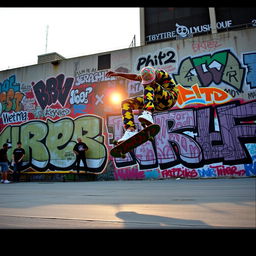 A dynamic urban scene featuring a skilled skater performing tricks on a skateboard in front of a large graffiti-covered wall