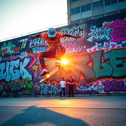 A dynamic urban scene featuring a skilled skater performing tricks on a skateboard in front of a large graffiti-covered wall