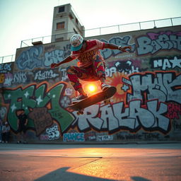 A dynamic urban scene featuring a skilled skater performing tricks on a skateboard in front of a large graffiti-covered wall