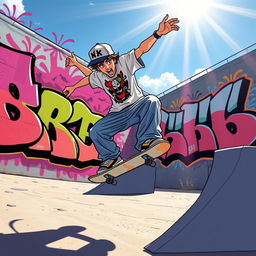 A vibrant and energetic cartoon-style depiction of a graffiti artist performing skateboard tricks