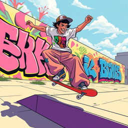 A vibrant and energetic cartoon-style depiction of a graffiti artist performing skateboard tricks