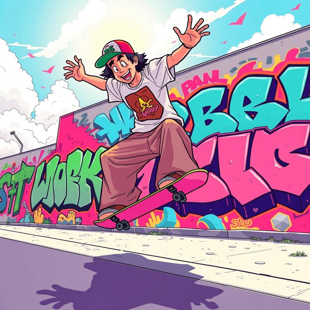 A vibrant and energetic cartoon-style depiction of a graffiti artist performing skateboard tricks