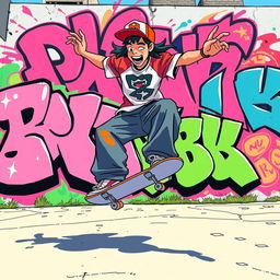 A vibrant and energetic cartoon-style depiction of a graffiti artist performing skateboard tricks