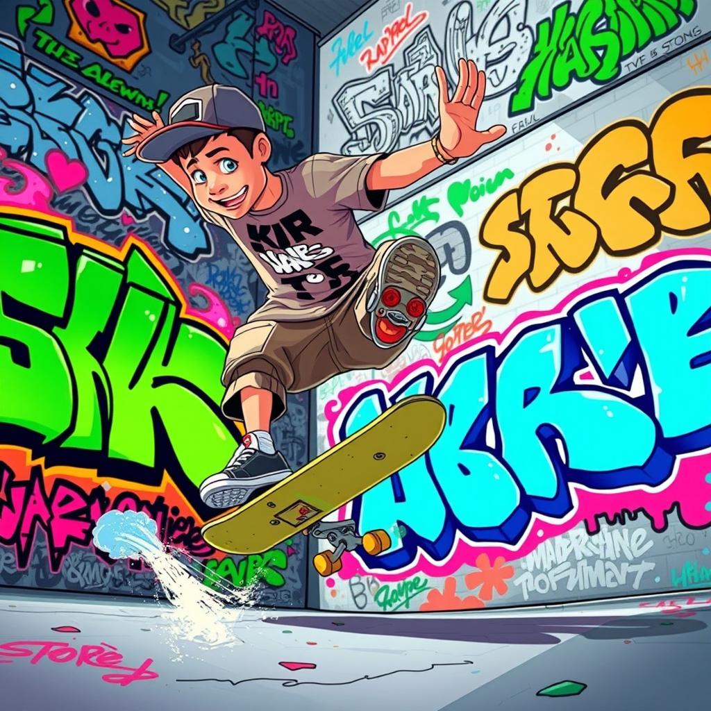 A vibrant and dynamic scene depicting a cartoon-realistic skater performing an impressive trick on a skateboard, surrounded by colorful graffiti art