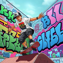 A vibrant and dynamic scene depicting a cartoon-realistic skater performing an impressive trick on a skateboard, surrounded by colorful graffiti art