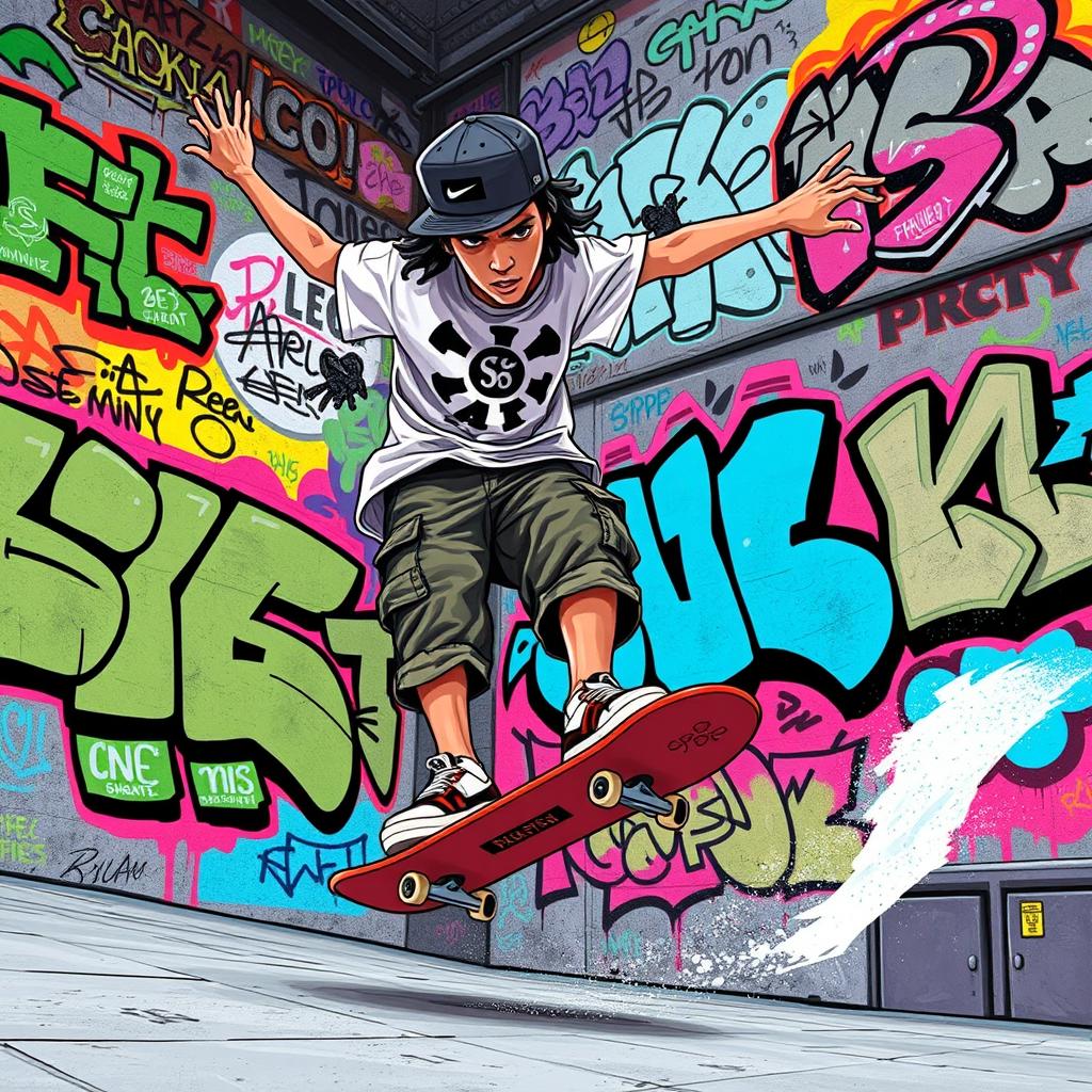 A vibrant and dynamic scene depicting a cartoon-realistic skater performing an impressive trick on a skateboard, surrounded by colorful graffiti art